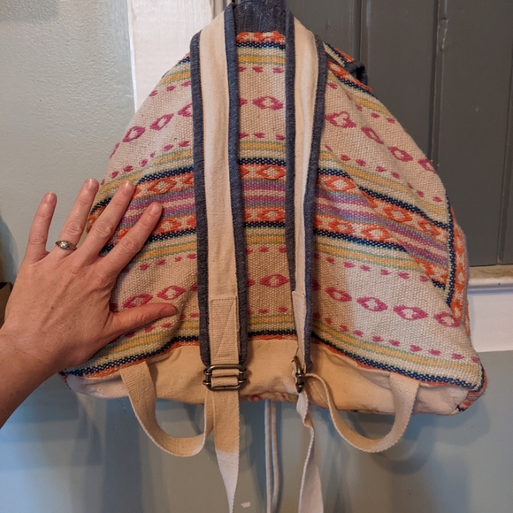 Boho embroidered backpack with denim details and drawstring - Picture 5 of 8